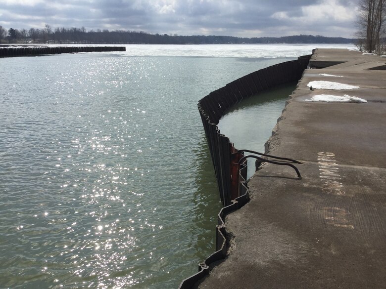 A team of U.S. Army Corps of Engineers Buffalo District leadership, including Buffalo District Commander Lieutenant Colonel Jason Toth, made a trek out to the Village of Fair Haven to meet with local officials and stakeholders to get a first-hand look at the failing steel sheet-pile on the Fair Haven west pier, Fair Haven, NY, March 19, 2019.