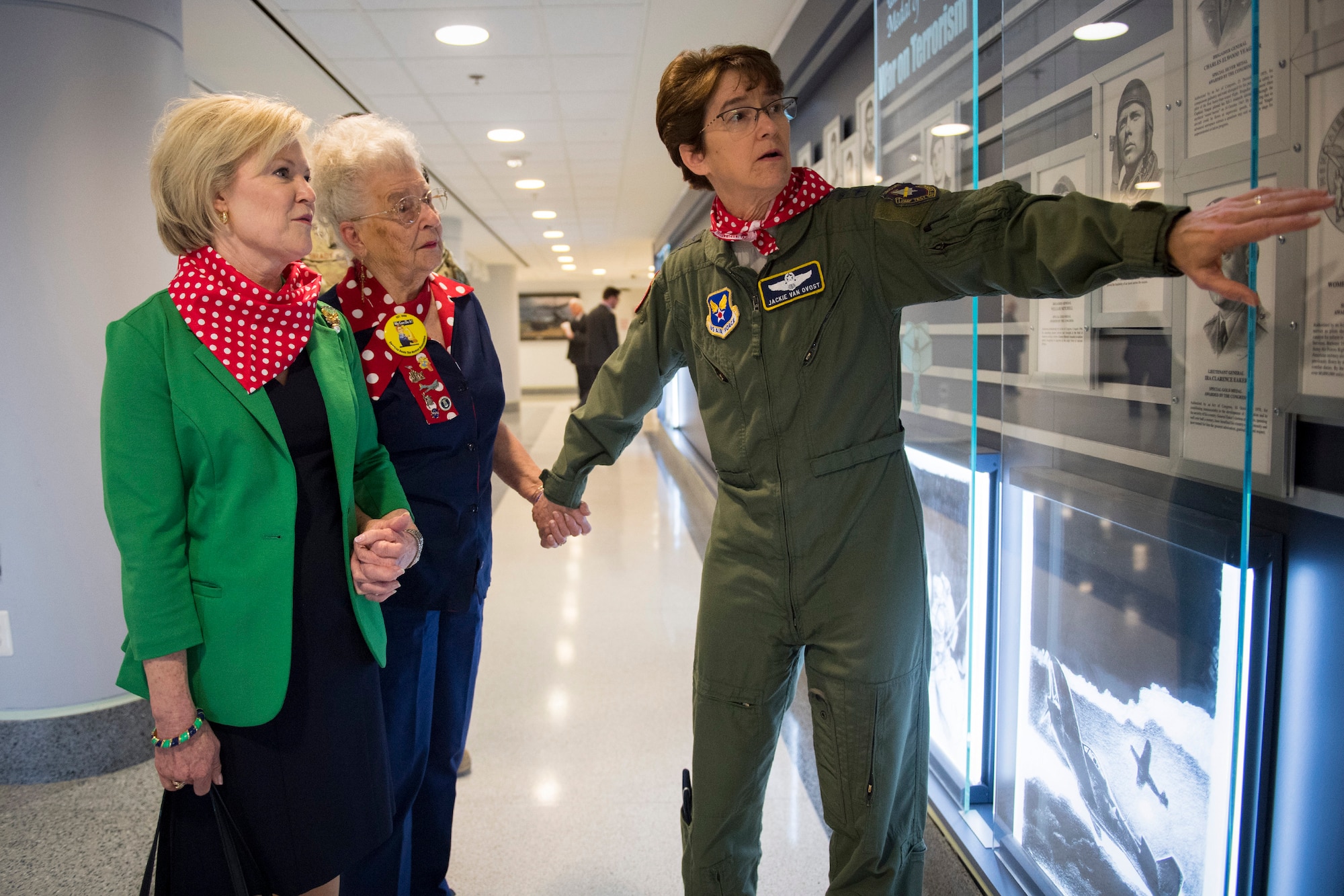 Lt. Gen. Jacqueline D. Van Ovost, Headquarters Air Force director of staff, gives Mae Krier, an original Rosie the Riveter a tour of the Pentagon in Arlington, Va., March 20, 2019. Krier was accompanied by Dawn Goldfein, the spouse of Air Force Chief of Staff Gen. David L. Goldfein. (U.S. Air Force photo by Adrian Cadiz)