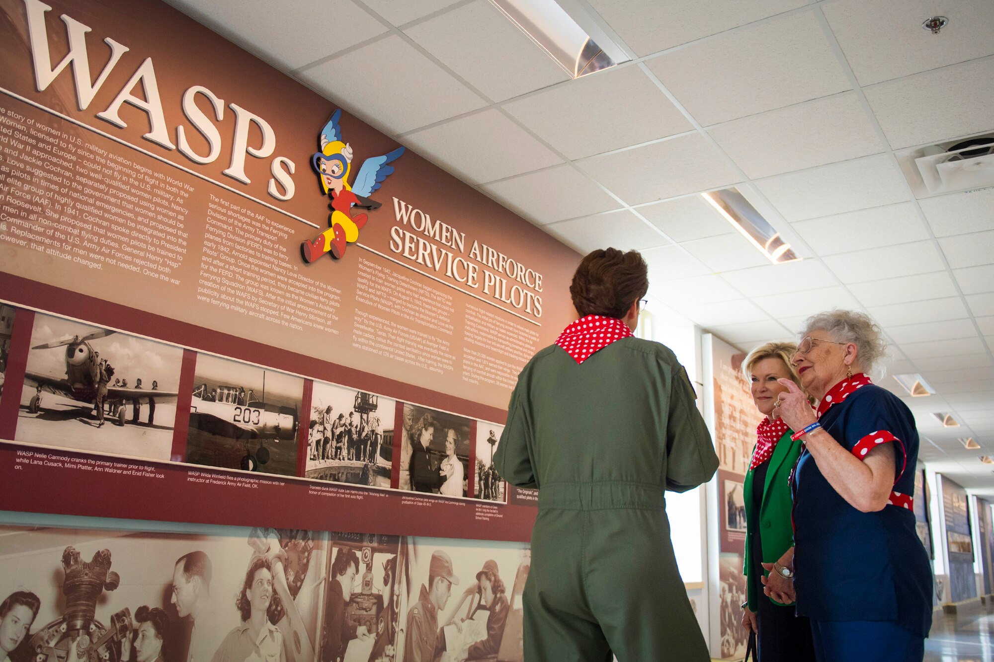 Headquarters Air Force Director of Staff Lt. Gen. Jacqueline D. Van Ovost, Headquarters Air Force director of Staff, gives Mae Krier, an original Rosie the Riveter, a tour of the Pentagon in Arlington, Va., during her first-ever visit March 20, 2019. Krier was accompanied by Dawn Goldfein, the spouse of Air Force Chief of Staff Gen. David L. Goldfein. (U.S. Air Force photo by Adrian Cadiz)