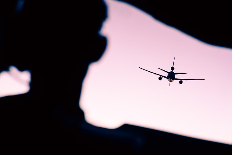 A 908th Expeditionary Aerial Refueling Squadron pilot maneuvers a KC-10 Extender into position in preparation to receive fuel