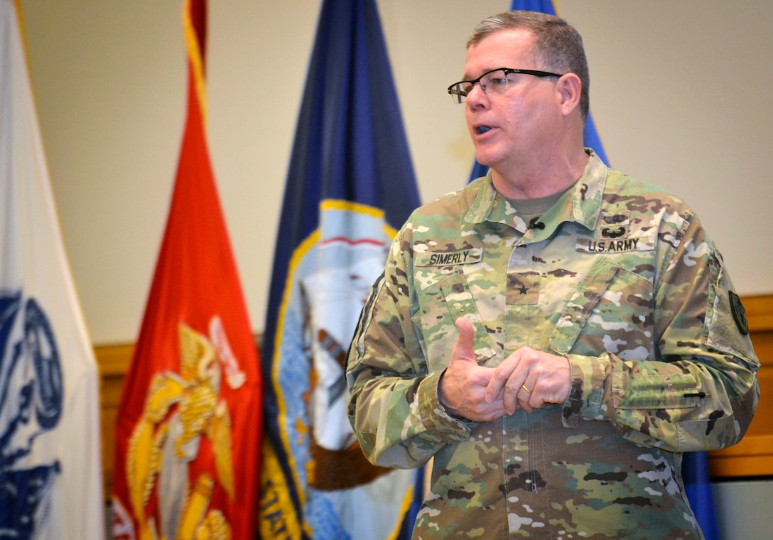 Army Brig. Gen. Mark Simerly talks to workforce at town hall