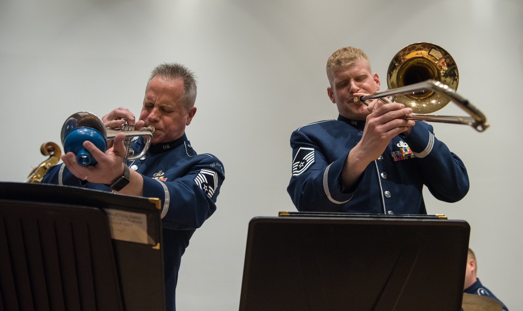 Chief Master Sgt. Kevin Burns and Master Sgt. Kevin Cerovich, two members of the Airmen of Note, perform at the The Lyceum, Alexandria, Virginia's History Museum on March 7th as part of The U.S. Air Force Band's Chamber Players Series.