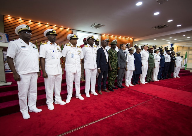 Chiefs of navy and high-level dignitaries from around West Africa, Europe and the U.S. pose for a group photo.