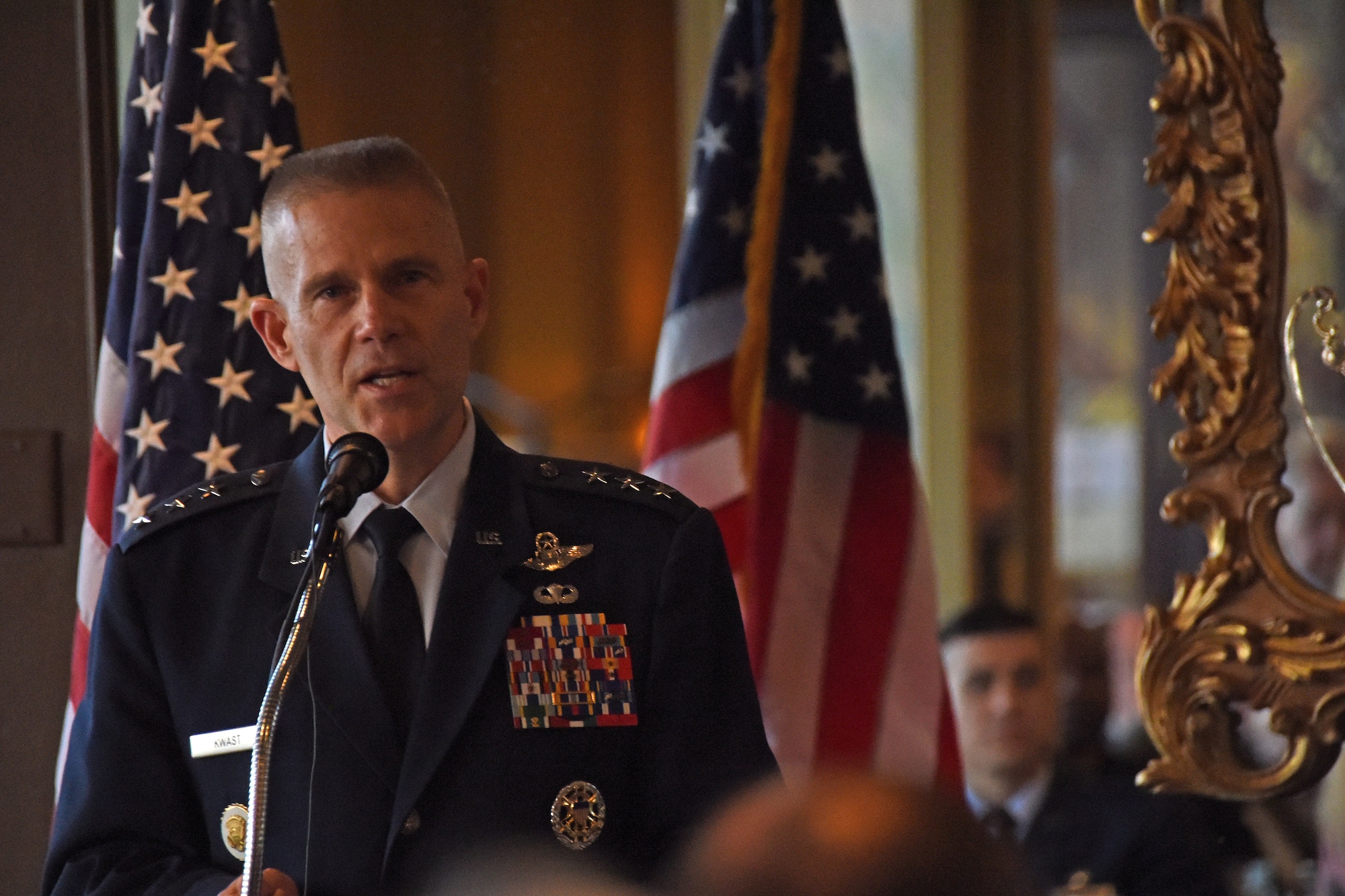 U.S. Air Force Lt. Gen. Steve Kwast, commander of Air Education and Training Command, speaks during dinner with San Angelo and Goodfellow leaders, before the presentation of the Altus Trophy at the Riverview Restaurant in San Angelo, Texas, March 20, 2019. This is the second time that San Angelo has won the Air Education and Training Command Community Support Award. (U.S. Air Force photo by Senior Airman Seraiah Hines/Released)