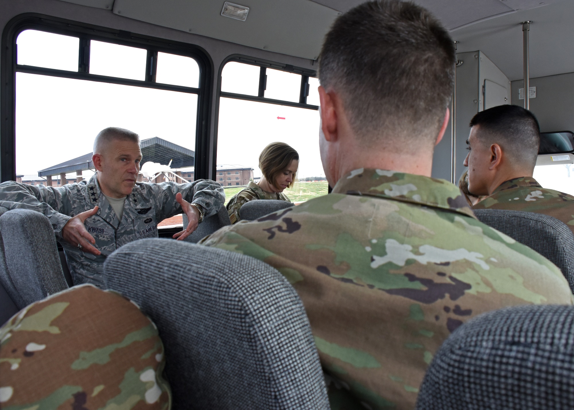 U.S. Air Force Lt. Gen. Steve Kwast, commander of Air Education and Training Command, speaks with Goodfellow leaders while traveling to San Angelo March 20, 2019. During the tour, Kwast visited the San Angelo Fire Department Station No. 7 and Angelo State University and learned more about partnerships between members at Goodfellow AFB and local groups. (U.S. Air Force photo by Airman 1st Class Zachary Chapman/Released)