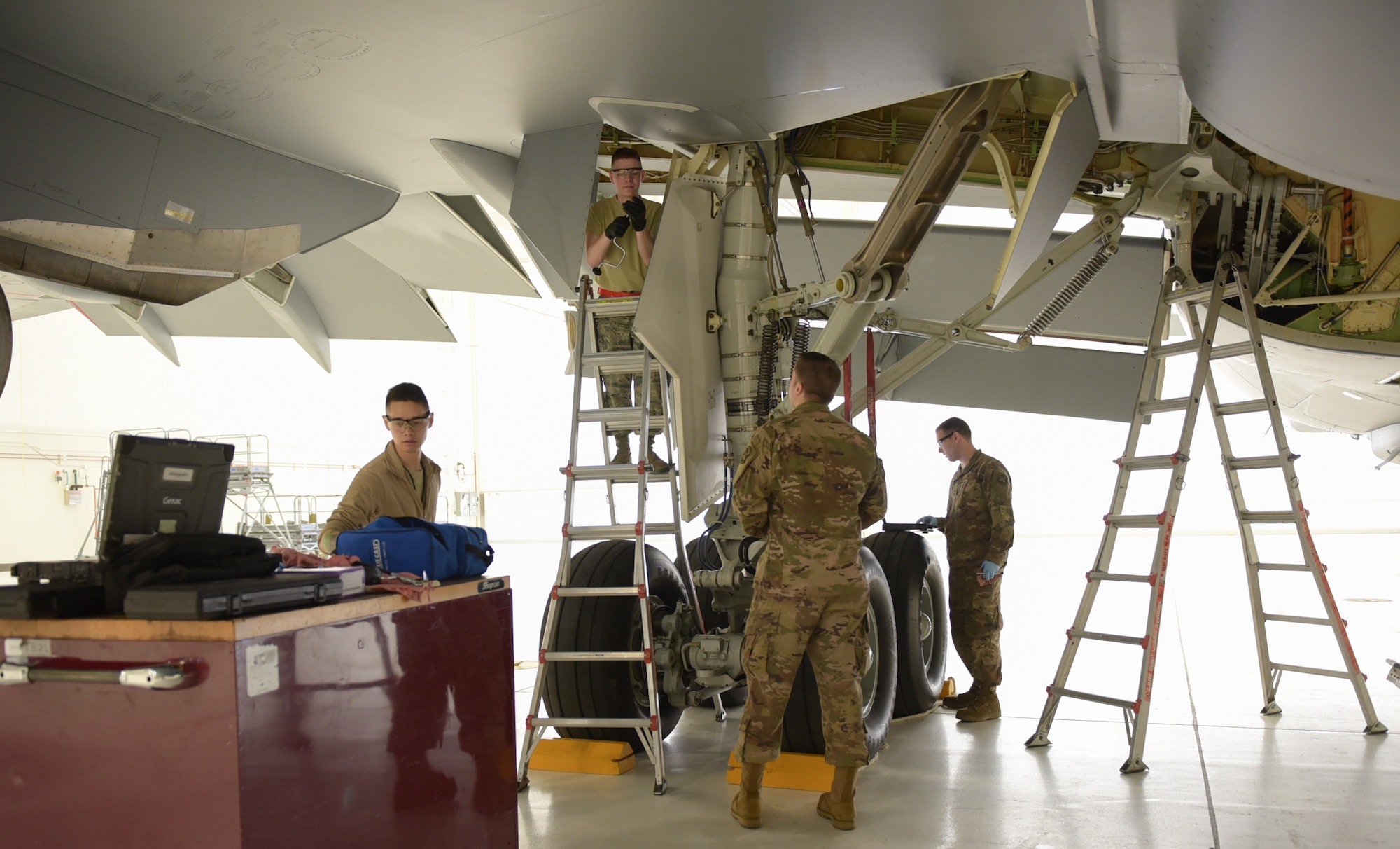 Twenty-Second Aircraft Maintenance Squadron crew chiefs perform an A-check on a KC-46A Pegasus March 20, 2019, at McConnell Air Force Base, Kan. A typical A-check is a 60-day maintenance inspection that focuses on the lubrication and inspection of critical aircraft components. (U.S. Air Force photo by Staff Sgt. Chris Thornbury)