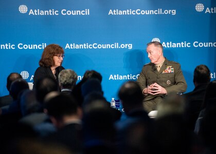 Marine Corps Gen. Joe Dunford, chairman of the Joint Chiefs of Staff, participates in the 10th Anniversary of the Atlantic Council’s Commanders Series "US Military Strategy in the Era of Great-Power Competition" at the Atlantic Council’s Headquarters, March 21, 2019. (DoD Photo by Navy Petty Officer 1st Class Dominique A. Pineiro)