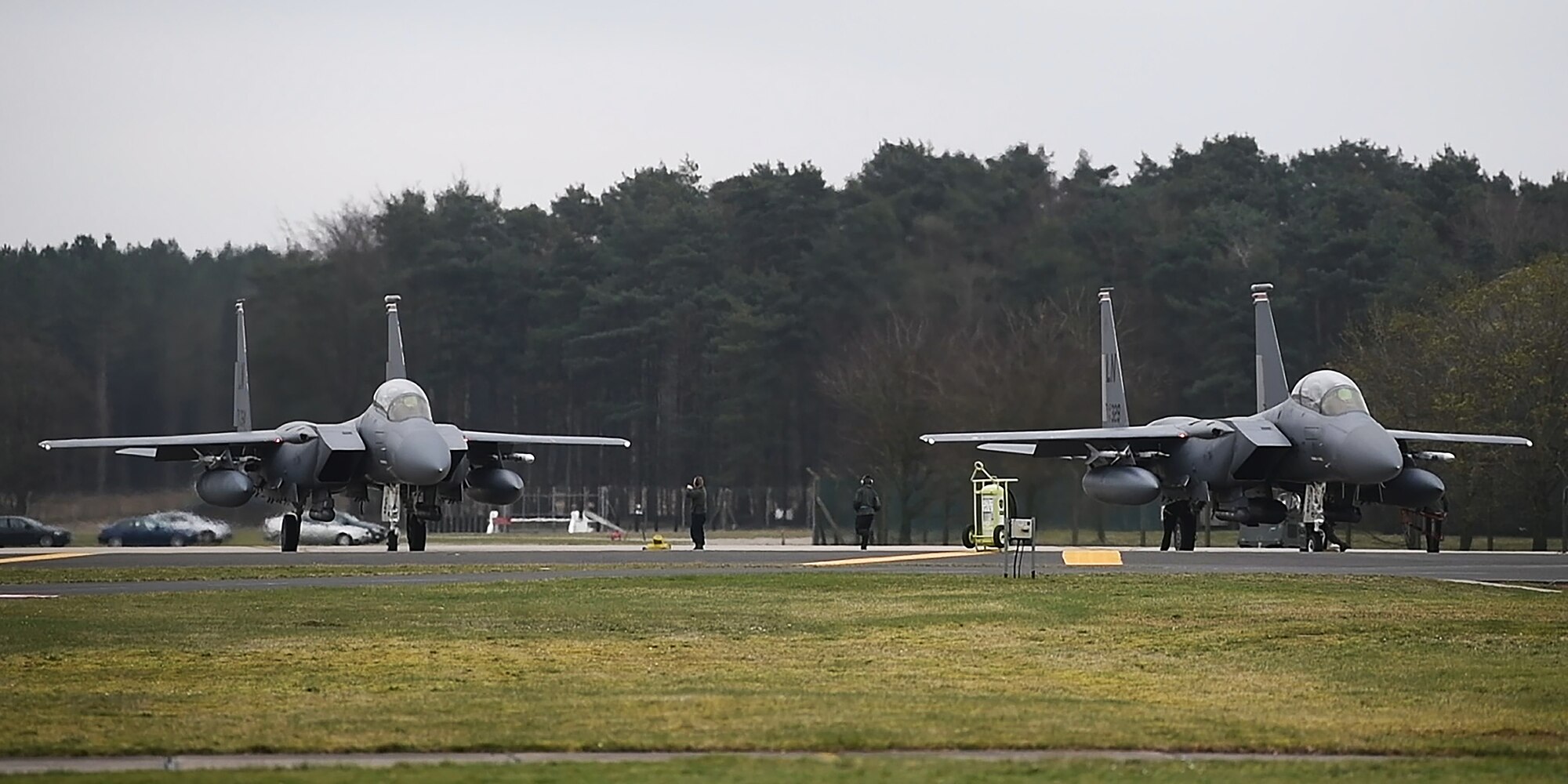 48th Fighter Wing F-15E Strike Eagles prepare to take off to participate in exercise Point Blank at Royal Air Force Lakenheath, England, March 22, 2019. Alongside F-15E Strike Eagles assigned to the 492nd and 494th Fighter Squadrons, RAF Typhoon, Hawk and F-35B Lightning jets also participated. (U.S. Air Force photo by Airman 1st Class Shanice Williams-Jones)
