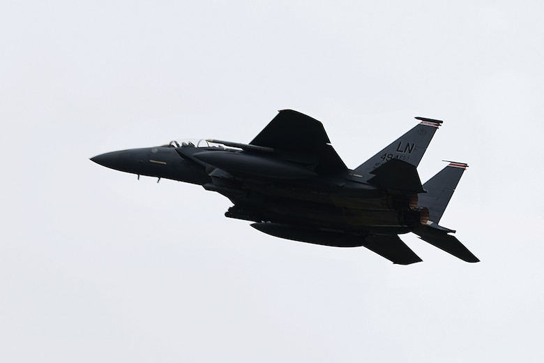 An F-15E Strike Eagle takes off to participate in exercice Point Blank at Royal Air Force Lakenheath, England, March 22, 2019. Point Blank is a recurring, low-cost exercise initiative designed to increase tactical proficiency of U.S. Air Forces in Europe – Air Forces Africa and Ministry of Defence forces. (U.S. Air Force photo by Airman 1st Class Shanice Williams-Jones)