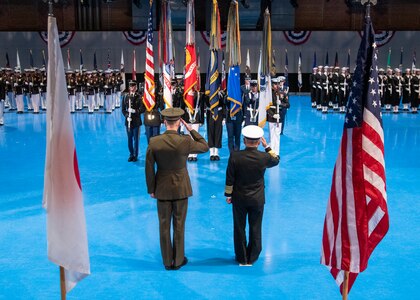 Marine Corps Gen. Joe Dunford, chairman of the Joint Chiefs of Staff, hosts an Armed Forces full honor arrival ceremony for Japan Maritime Self-Defense Force Adm. Katsutoshi Kawano, chief of staff, Joint Staff, Japan Self-Defense Forces on Joint Base Myer-Henderson Hall, March 21, 2019.
