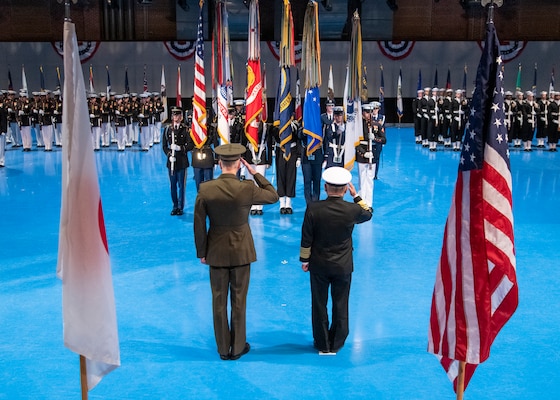 Marine Corps Gen. Joe Dunford, chairman of the Joint Chiefs of Staff, hosts an Armed Forces full honor arrival ceremony for Japan Maritime Self-Defense Force Adm. Katsutoshi Kawano, chief of staff, Joint Staff, Japan Self-Defense Forces on Joint Base Myer-Henderson Hall, March 21, 2019.