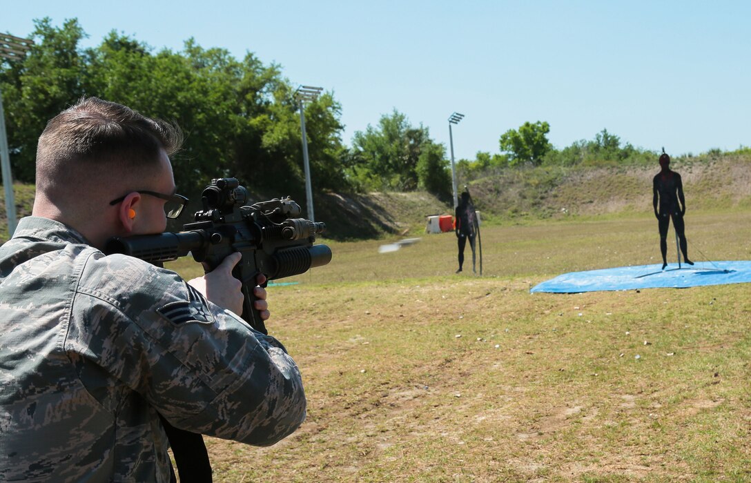 U.S. and coalition military personnel from U.S. Central Command, U.S. Special Operations Command and MacDill Air Force Base (AFB) fire non-lethal weapons during a familiarization fire at MacDill AFB, March 21, 2019. Non-lethal weapons are designed and primarily employed to incapacitate targeted personnel or materiel immediately, while minimizing fatalities, permanent injury to personnel, and undesired damage to property in the target area or environment. 
(U.S. Central Command Public Affairs photo by Tom Gagnier)