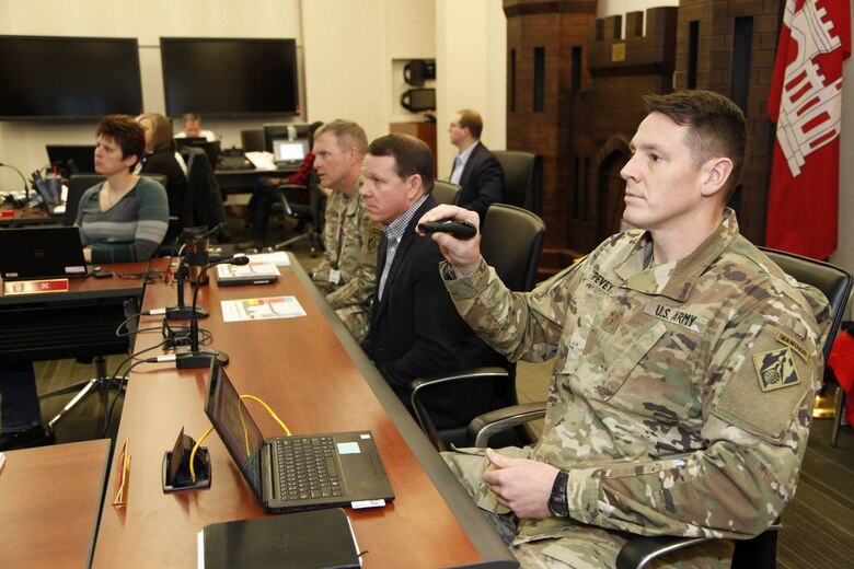 Maj. Ryan Pevey, Kansas City District deputy commander, pointing to the display, Col. Doug Guttormsen, district commander, speaking with U.S. Rep. Sam Graves, MO-6th District, during a briefing on the current situation and flood risk reduction activities in Kansas City, Mo. March 22, 2019.