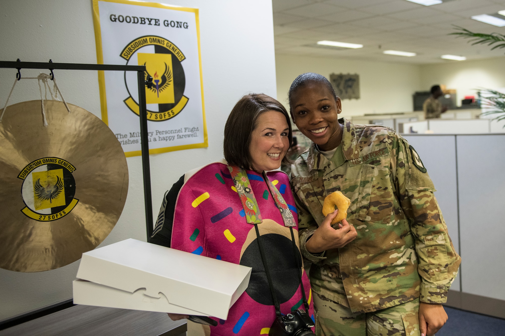 Staff Sgt. Kailen Magee, 27th Special Operations Force Support Squadron NCO in-charge of relocation, poses with Senior Master Sgt. Shawna Broussard-Jones, 27th Special Operations Air Maintenance Squadron first sergeant, at Cannon Air Force Base, N.M., March 22, 2019. The first sergeants’ plan is to hold the event on a monthly basis. (U.S. Air Force photo by Airman 1st Class Vernon R. Walter III)