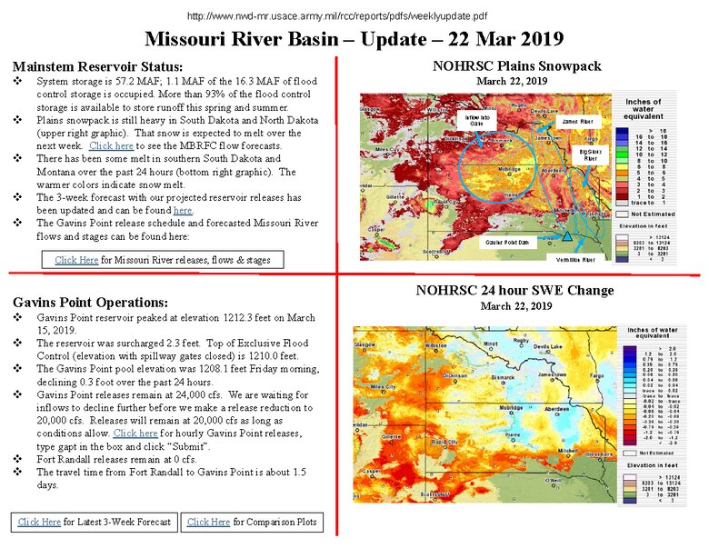Gavins Point releases remain at 24,000 cfs. The will not decline to 20,000 cfs. Fort Randall releases will begin Saturday, March 23, 2019.