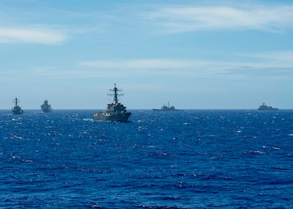 190314-N-WK982-2032 PHILIPPINE SEA (March 14, 2019) The Arleigh Burke-class guided-missile destroyer USS McCampbell (DDG 85), the Arleigh Burke-class guided-missile destroyer USS Milius (DDG 69), the amphibious transport dock ship USS Green Bay (LPD 20), the Ticonderoga-class guided-missile cruiser USS Chancellorsville (CG 62), and the amphibious dock landing ship USS Ashland (LSD 48) maneuver while operating in the Philippine Sea. U.S. Navy warships train together to increase the tactical proficiency, lethality, and interoperability of participating units in an Era of Great Power Competition. (U.S. Navy photo by Mass Communication Specialist 2nd Class John Harris/Released)