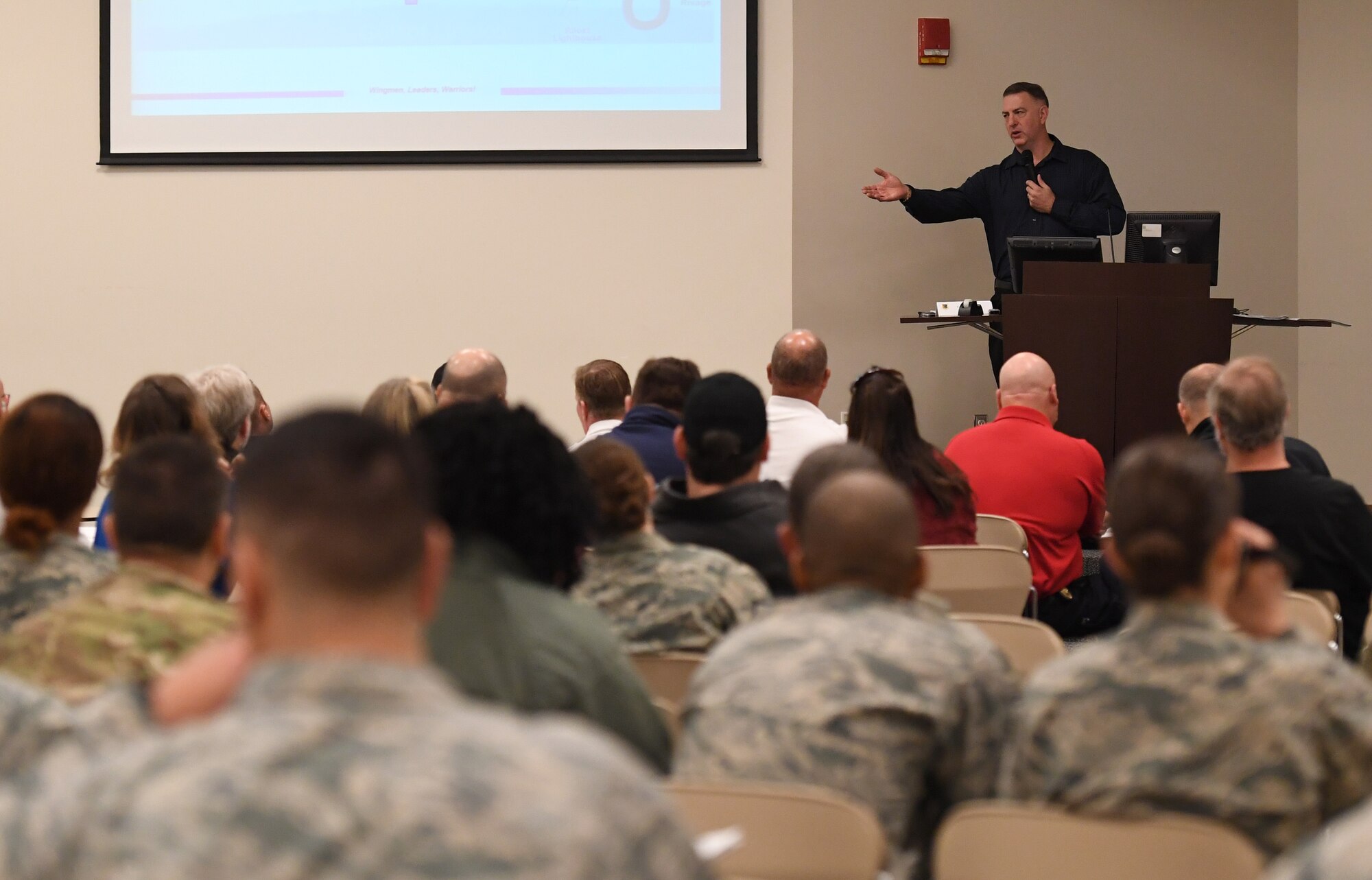 Bill Mays, 81st Training Wing wing inspection team lead, addresses members of the Keesler Crisis Action Team and first responders from both Keesler and the local communities during a joint table top exercise inside the Roberts Consolidated Aircraft Maintenance Facility at Keesler Air Force Base, Mississippi, March 21, 2019. The event, which was in preparation for the upcoming major accident response exercise in April, allowed attendees to review and discuss tactical and strategic planning in the case of a crisis situation. (U.S. Air Force photo by Kemberly Groue)