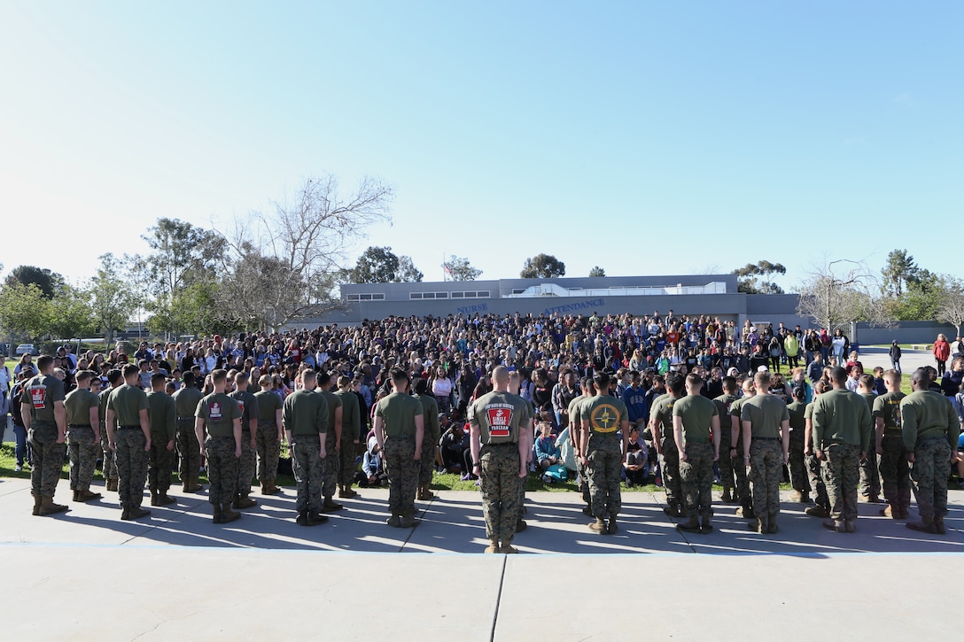 De Portola Middle School hosted its 9th annual Marine Corps Fitness Challenge with Marines from Marine Corps Air Station Miramar, at the De Portola Middle School in San Diego, Calif., Mar. 22, 2019. During the challenge, MCAS Miramar Marines led students through four different physical training courses during their physical education periods to give the students a better outlook on physical fitness. (U.S. Marine Corps photo by Lance Cpl. Raynaldo Ramos)