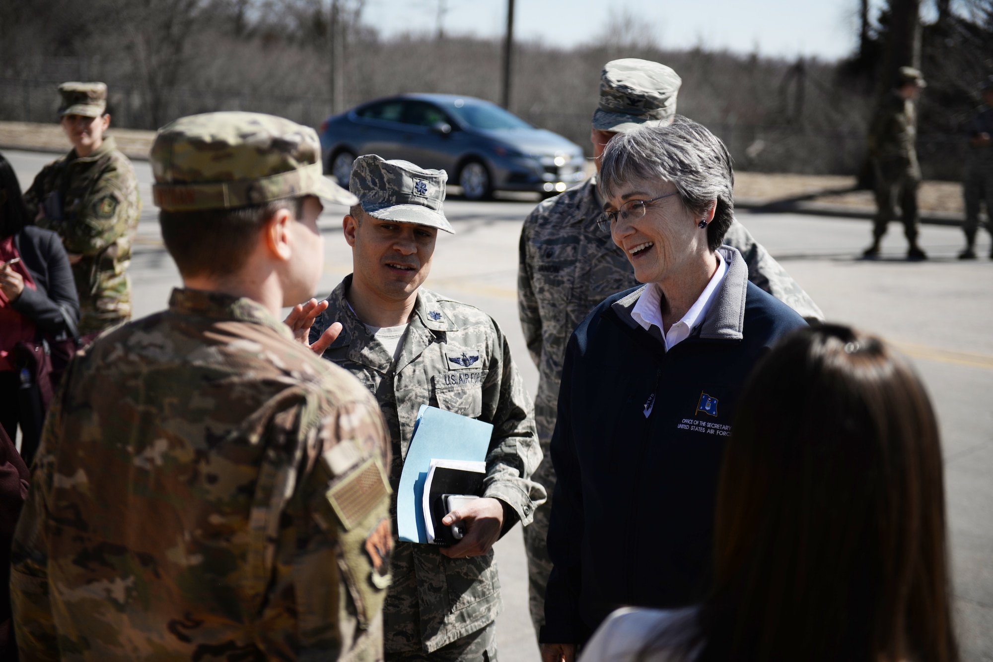 Secretary of the Air Force Heather Wilson talks to members of the 55th Wing March 22, 2019, at Offutt Air Force Base, Nebraska. A week earlier the base began taking on flood waters that eventually covered one-third of the installation. (U.S. Air Force photo by Tech. Sgt. Rachelle Blake)