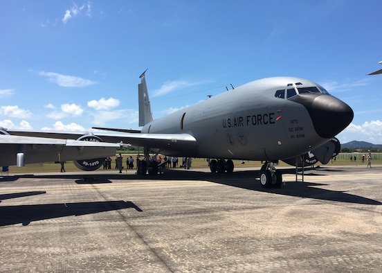 A U.S. Air Force KC-135 Stratotanker refueler with the 141st Air Refueling Wing of the Washington Air National Guard from Fairchild Air Force Base, Washington, is displayed during the Langkawi International Maritime and Aerospace Exhibition (LIMA) 2017 in Sirat, Malaysia, March 21, 2017.