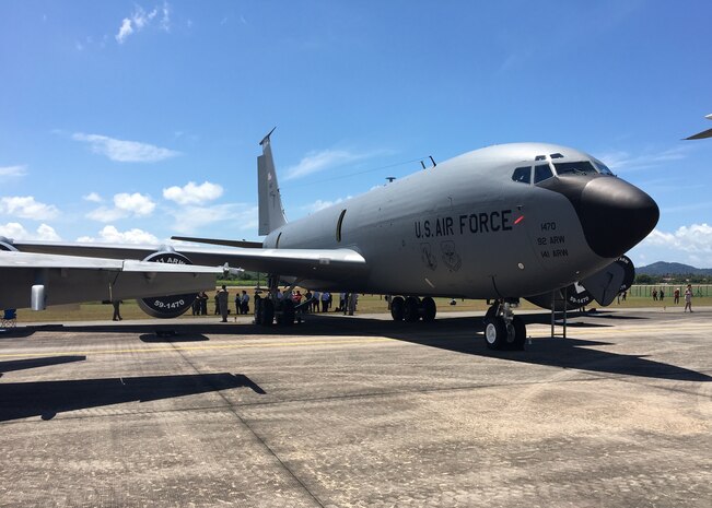 A U.S. Air Force KC-135 Stratotanker refueler with the 141st Air Refueling Wing of the Washington Air National Guard from Fairchild Air Force Base, Washington, is displayed during the Langkawi International Maritime and Aerospace Exhibition (LIMA) 2017 in Sirat, Malaysia, March 21, 2017.