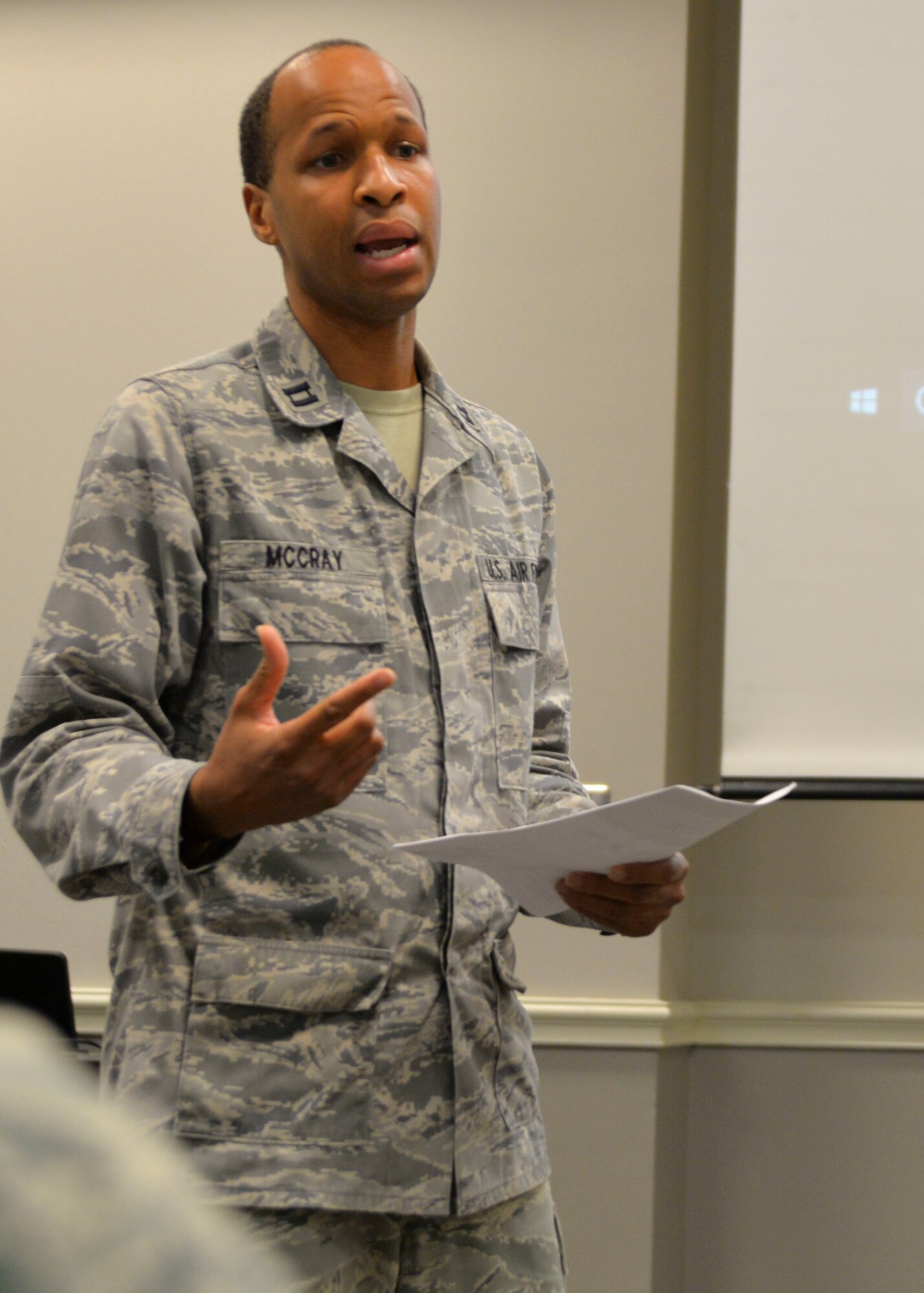 U.S. Air Force Capt. Jeremy McCray, 136th Medical Group Medical Service Corps officer, discusses the benefits of using a digital faxing system to improve speed and security for his unit during the wing’s Spark Tank competition Oct. 20, 2018.  Through the Spark Tank program, Airmen across the Air Force compete and pitch their ideas much like an entrepreneur would make a pitch to a venture capital firm.  (U.S. Air National Guard photo by Senior Airman Bryan Swink)
