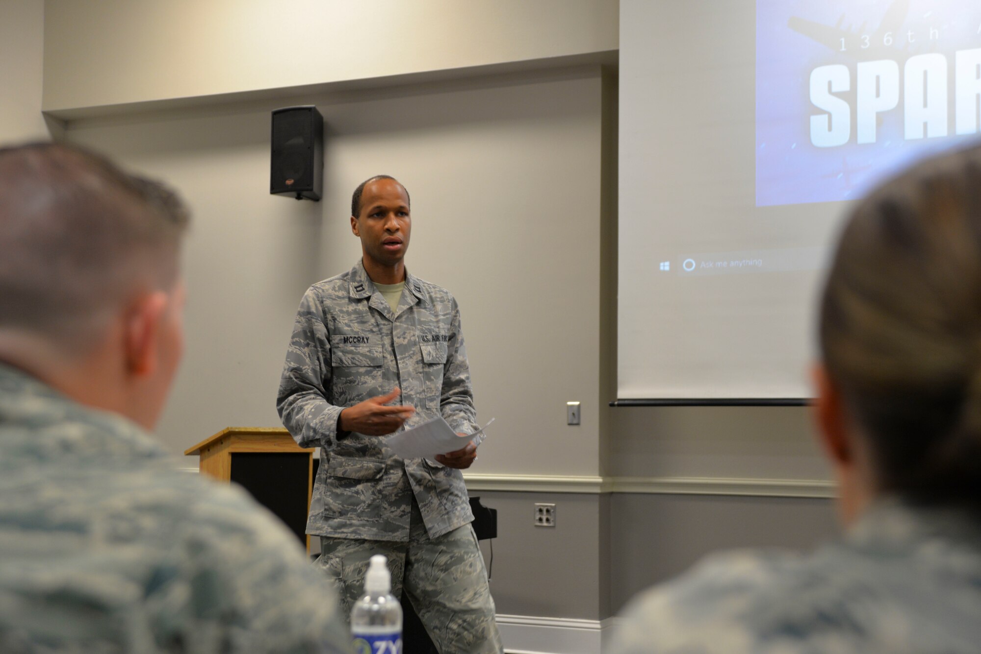 U.S. Air Force Capt. Jeremy McCray, 136th Medical Group Medical Service Corps officer, presents his idea for a secure, digital faxing system to a panel of 136th Airlift Wing Airmen during the wing’s Spark Tank competition Oct. 20, 2018.  The fax system would enable his unit to send and receive patient’s documents from outside medical providers. (U.S. Air National Guard photo by Senior Airman Bryan Swink)