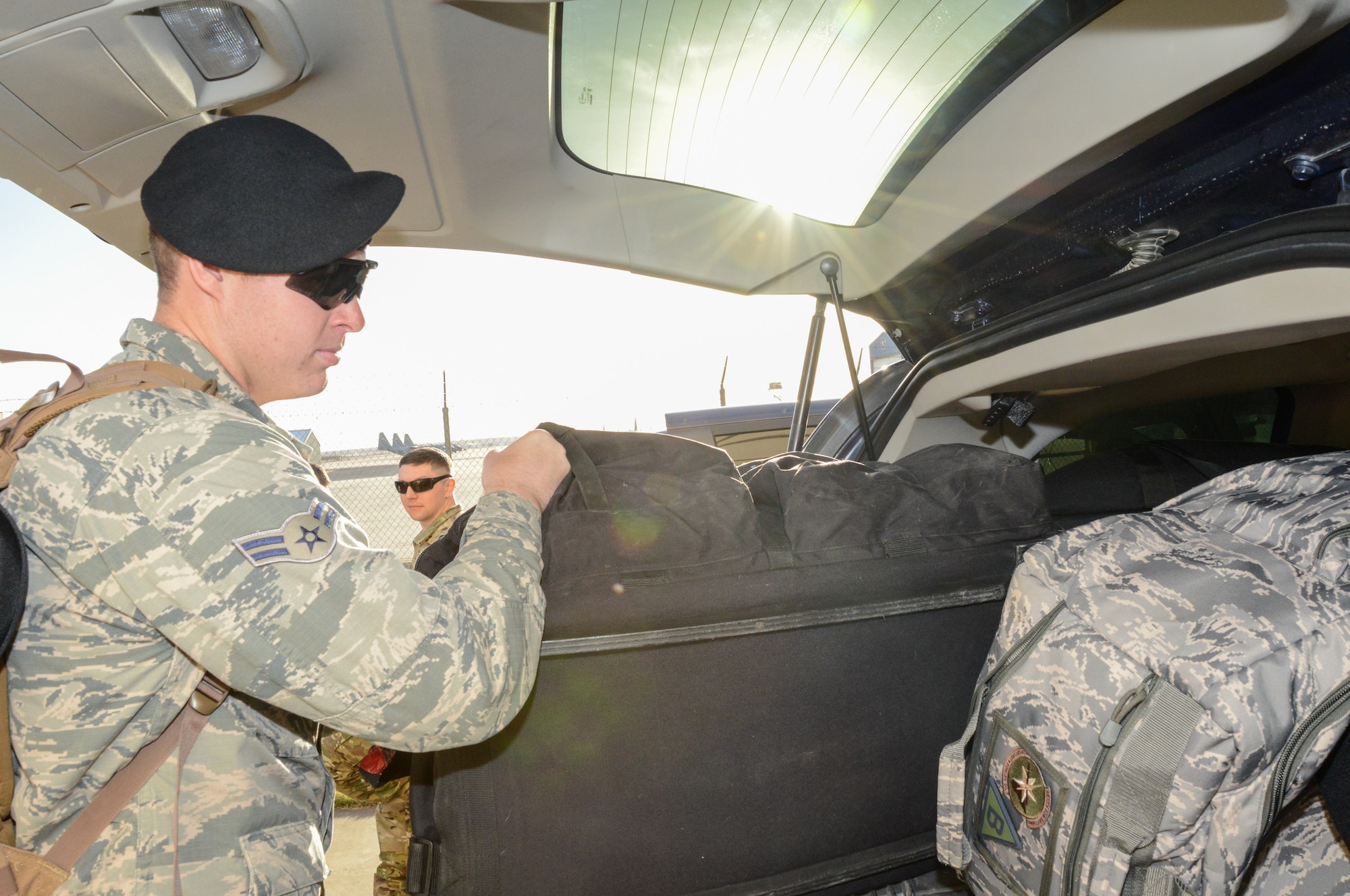 A1C Carpin, a 136th Security Forces Squadron member, loads gear to provide security in honor of former President George H. W. Bush Dec. 1, 2018, at NAS Fort Worth JRB, Texas. The Airmen augmented the 147th Security Forces Squadron to provide ceremonial support during the funeral of George H. W. Bush, the 41st President of the United States. (U.S. Air National Guard photo by Tech. Sgt. Lynn M. Means)