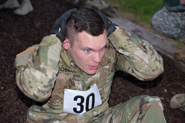 Senior Airman Johny Ceja-Alvarez, Texas Air National Guard Airman assigned to the 149th Fighter Wing, answers questions asked of him from a board of Army sergeants major and Air Force chief master sergeants during the first event of the Texas National Guard’s Best Warrior Competition at Camp Swift, Texas Feb. 27, 2019. The board of senior enlisted Guardsmen ask the competitors questions to test their military knowledge and bearing. (Texas Air National Guard photo by Senior Airman Bryan Swink)