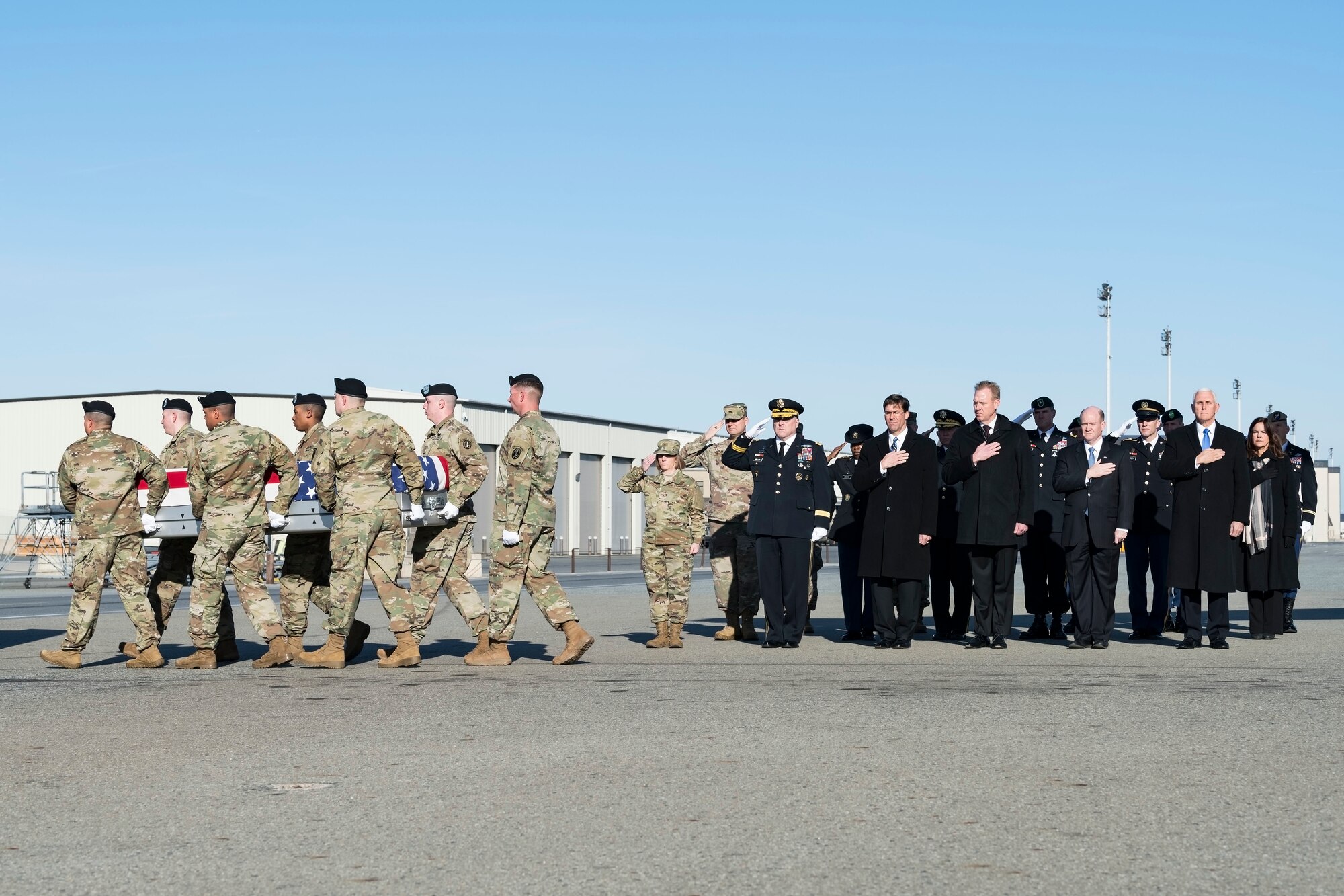 A U.S. Army carry team transfers the remains of Spc. Joseph P. Collette of Lancaster, Ohio, during a dignified transfer March 24, 2019, on Dover Air Force Base, Del.