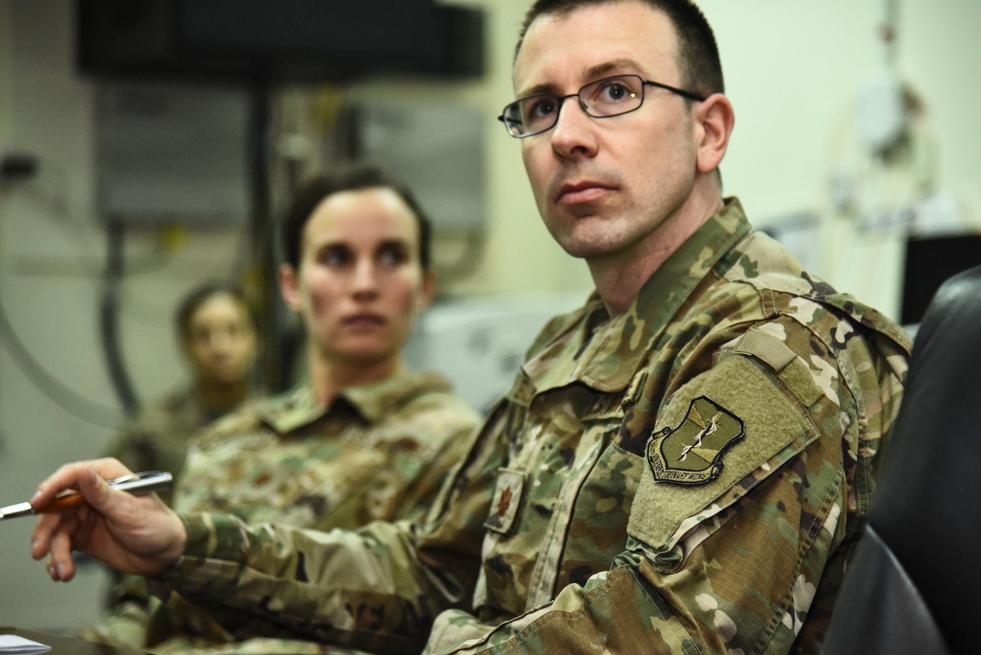 Maj. Vito Bussmann, 380th Air Expeditionary Wing chief of Plans and Programs attends a conference call at Al Dhafra Air Base, United Arab Emirates, Mar. 18, 2019. The 380th AEW plans and programs shop, also known as XP, is responsible for developing base’s plans, programs and policies; coordinating programming actions to resolve issues; and constantly analyzing the effectiveness of these programs. (U.S. Air Force photo by Senior Airman Mya M. Crosby)