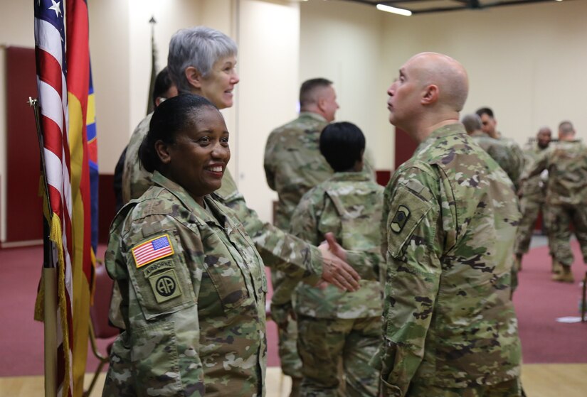 Chief Warrant Officer Five Martha Ervin relinquished responsibility as the Command Chief Warrant Officer of the 7th Mission Support Command to Chief Warrant Officer Five Vikki Hecht during a ceremony March 23 at the Kaiserslautern Community Activity Center, Germany.