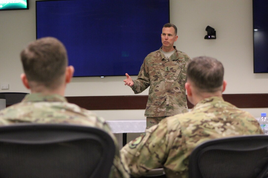 U.S. Air Force Maj. Gen. Gregory Guillot, Deputy Combined Forces Air Component Commander, provides closing comments during the Chiefs of Safety Conference on Al Udeid Air Base, Qatar, March 19, 2019. Attendees across five different major commands shared lessons learned to improve U.S. Air Forces Central Command flight, occupational and weapons safety. (U.S. Air Force photo by SrA Jourdan Barrons)