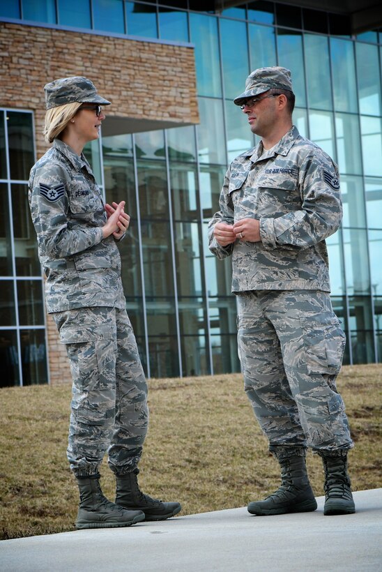 Staff Sgt. Jennifer Demand answers questions from a new recruiter, Staff Sgt. Donovan Kline, during a college outreach visit at the University of Illinois March 21, 2019, in Springfield, Illinois.  The two met with counselors and interviewed perspective recruits on what it means to serve in the Air Force Reserve Command.  After additional shadowing training at Scott Air Force Base, Sergeant Kline will move on to his first duty location in Wichita, Kansas.  (U.S. Air Force photo by Lt. Col. Stan Paregien)