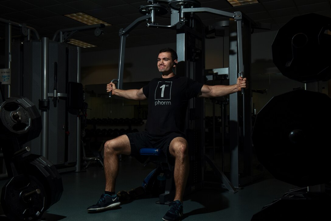 Second Lt. Brett Albertson, 14th Civil Engineer Squadron chief of project management, performs a chest exercise March 8, 2019, on Columbus Air Force Base, Mississippi. Albertson competed in the 2019 USA Powerlifting Military Nationals alongside Staff Sgt. Thomas Buena, 14th Contracting Squadron NCO in charge of Base Operating, Support and Services team. (U.S. Air Force photo by Tech. Sgt. Christopher Gross)