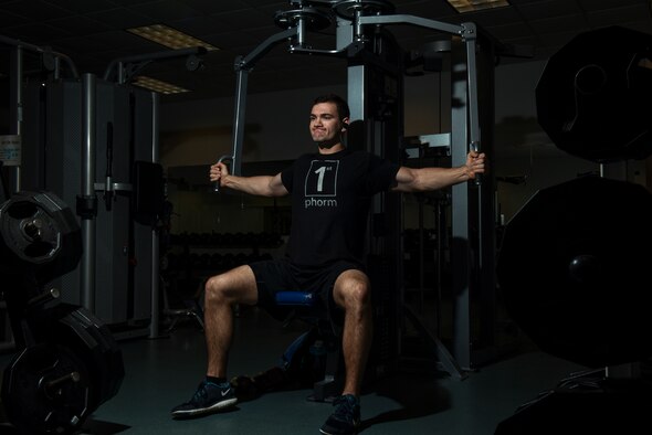 Second Lt. Brett Albertson, 14th Civil Engineer Squadron chief of project management, performs a chest exercise March 8, 2019, on Columbus Air Force Base, Mississippi. Albertson competed in the 2019 USA Powerlifting Military Nationals alongside Staff Sgt. Thomas Buena, 14th Contracting Squadron NCO in charge of Base Operating, Support and Services team. (U.S. Air Force photo by Tech. Sgt. Christopher Gross)