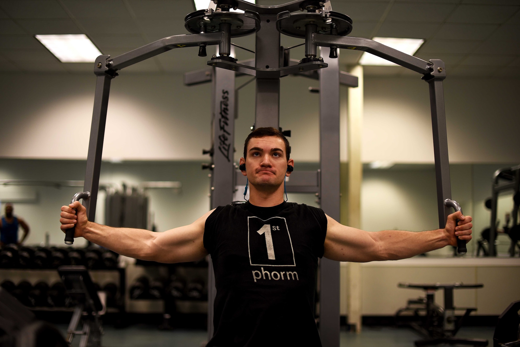 Second Lt. Brett Albertson, 14th Civil Engineer Squadron chief of project management, performs a chest exercise March 8, 2019, on Columbus Air Force Base, Mississippi. Albertson has competed in numerous sports and last year completed multiple full distance Spartan Races, but this year accomplished his goal to compete in a powerlifting event. (U.S. Air Force photo by Airman 1st Class Keith Holcomb)