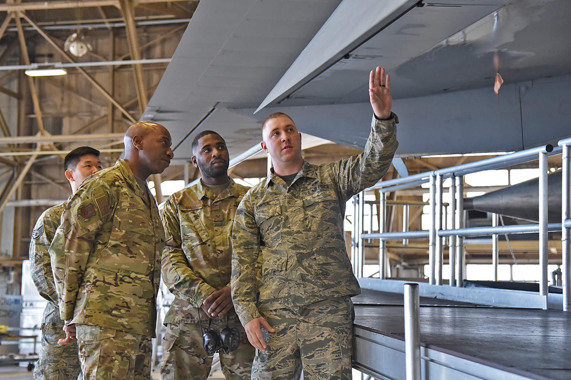 Airmen from the 92nd and 141st Maintenance Groups conduct a walkthrough of the KC-135 Stratotanker with Chief Master Sgt. of the Air Force Kaleth O. Wright at Fairchild Air Force Base, March 22, 2019. The maintenance groups have been working together to improve periodic inspection processes in order to prepare for the increase of KC-135s at the base and meet Air Mobility Command standards and mission taskings. (U.S. Air Force photo by Staff Sgt. Mackenzie Mendez)