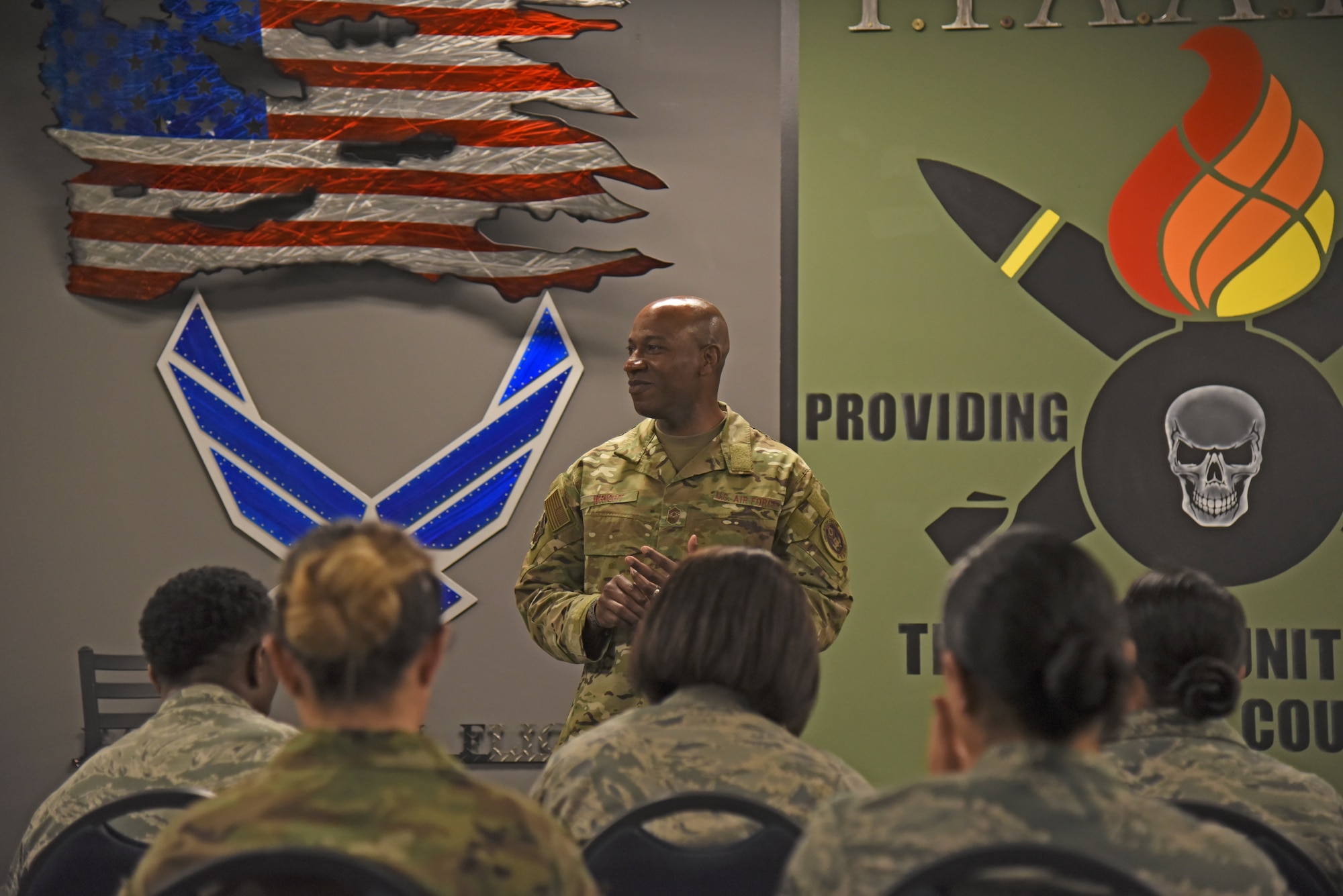 Chief Master Sgt. of the Air Force Kaleth O. Wright meets with Team Fairchild NCOs and company grade officers during a round table discussion at Fairchild Air Force Base, Washington, March 22, 2019. Wright discussed the future of the force, innovation and the importance of taking care of Airmen. (U.S. Air Force photo by Staff Sgt. Mackenzie Mendez)