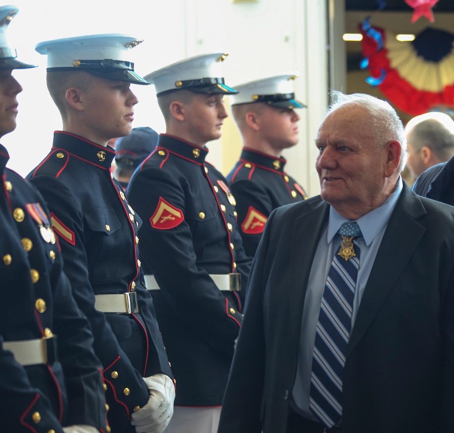 Marines with Alpha Company, Marine Barracks Washington D.C., support the annual Medal of Honor (MoH), Honor Flight at Ronald Reagan National Airport, Washington, D.C., March 23, 2019. The 30 MoH recipients were welcomed by the Marines upon their arrival, among a military band, numerous volunteers, and people eager to shake their hands. The honor flight aims to pay tribute to those who served their country during times of war and received our nation’s highest and most prestigious personal military decoration; the Medal of Honor. (U.S. Marine Corps photo by Sgt. Robert Knapp/Released)