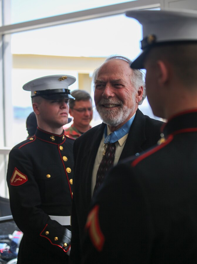 Marines with Alpha Company, Marine Barracks Washington D.C., support the annual Medal of Honor (MoH), Honor Flight at Ronald Reagan National Airport, Washington, D.C., March 23, 2019. The 30 MoH recipients were welcomed by the Marines upon their arrival, among a military band, numerous volunteers, and people eager to shake their hands. The honor flight aims to pay tribute to those who served their country during times of war and received our nation’s highest and most prestigious personal military decoration; the Medal of Honor. (U.S. Marine Corps photo by Sgt. Robert Knapp/Released)