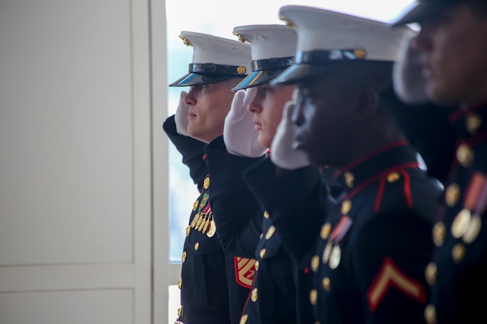 Marines with Alpha Company, Marine Barracks Washington D.C., support the annual Medal of Honor (MoH), Honor Flight at Ronald Reagan National Airport, Washington, D.C., March 23, 2019.