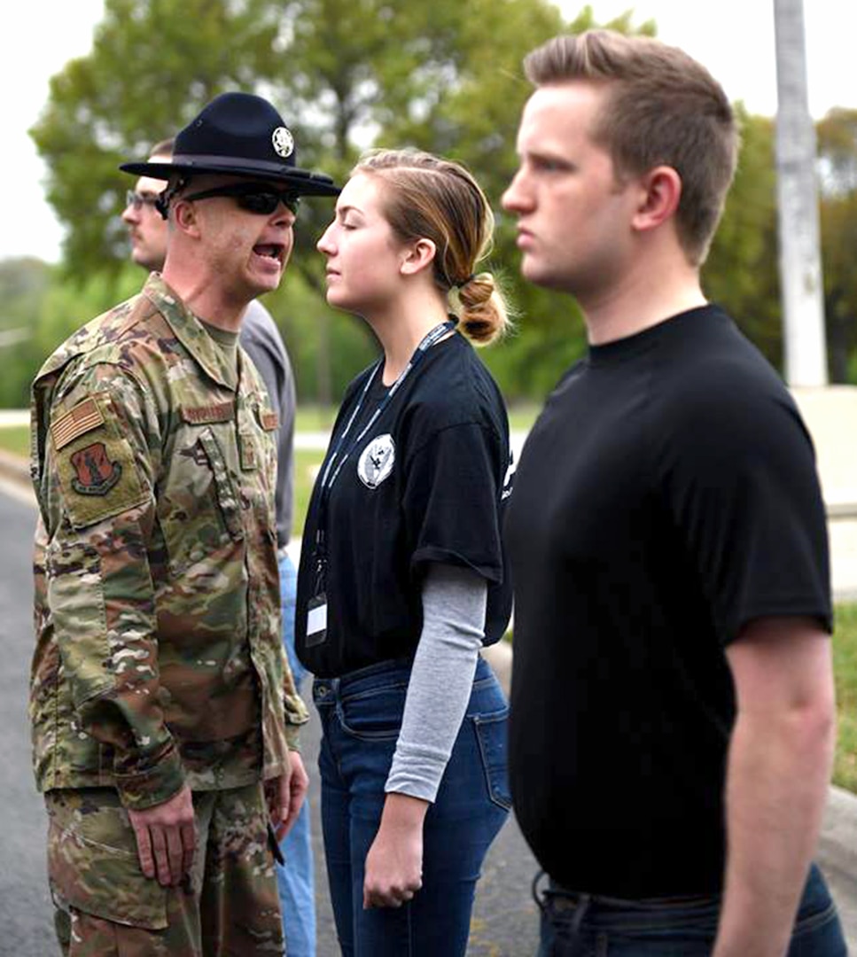 Senior Master Sgt. Aaron Hartzler, aircrew flight equipment superintendent with the 149th Fighter Wing, prepares future Air National Guard student flight members for their upcoming basic military training at Joint Base San Antonio-Lackland March 23. Hartzler previously worked as a military training instructor and was asked to conduct on-campus training with 149th Fighter Wing recruits during regularly scheduled drills to give them a better understanding of their commitment for enlisting in the U.S. military.