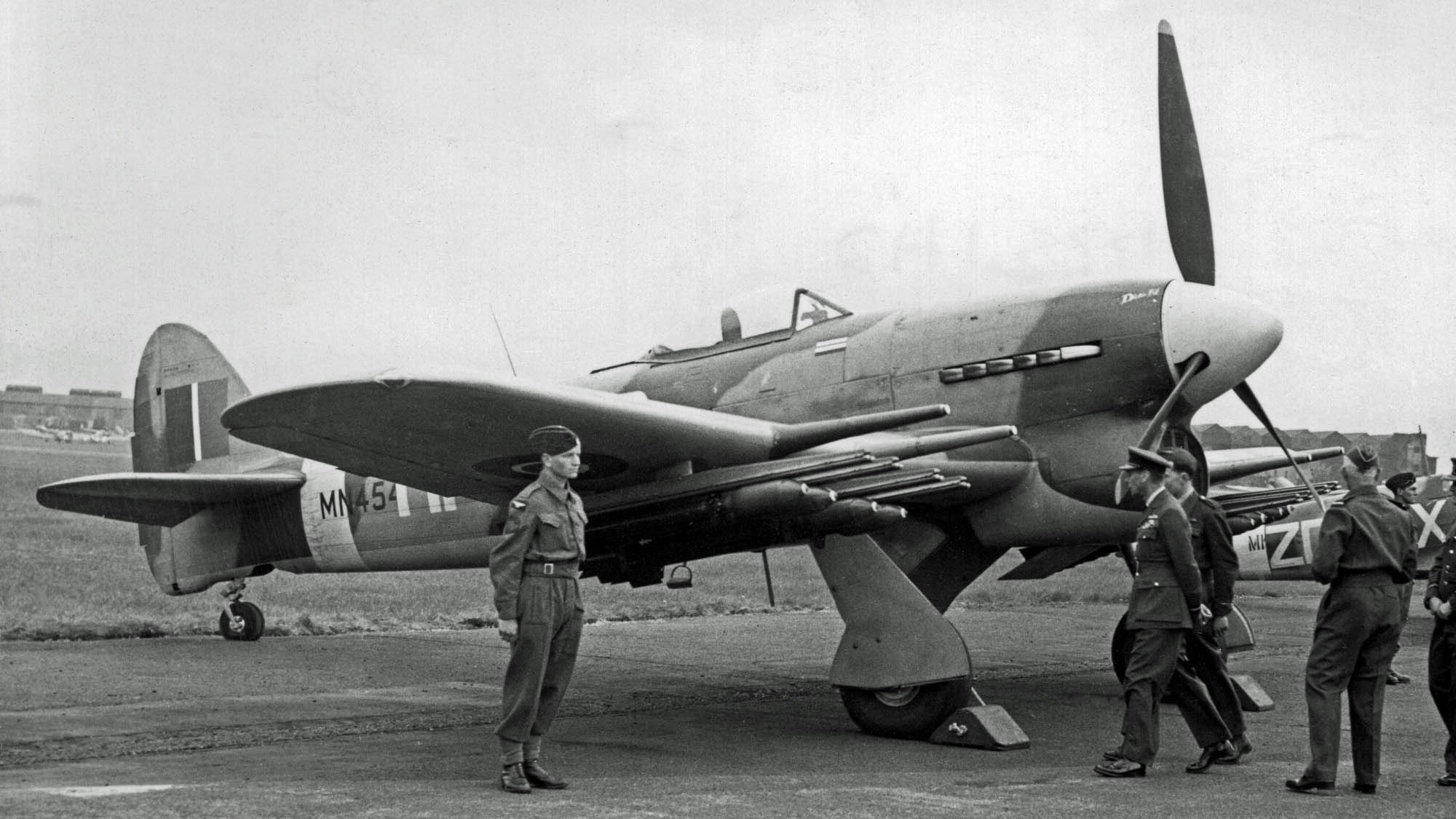 British Hawker Typhoon ground attack aircraft, armed with four cannons, eight unguided air-to-ground rockets and two 500- or 1,000-pound bombs. The Royal Air Force contributed the Hawker Typhoon for tactical attacks on various types of ground targets during the implementation of the Transportation Plan. (USAAF archival photo)