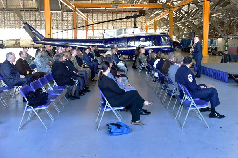 Jim Estepp, President and CEO of the Greater Prince George’s Business Roundtable, speaks to attendees at the Honorary Commander’s Ceremony in Hangar One on Joint Base Andrews, Md., March 19, 2019. The Honorary Commanders Program partners key leaders on JBA with community leaders in the local area. (U.S. Air Force photo by Airman 1st Class Noah Sudolcan)