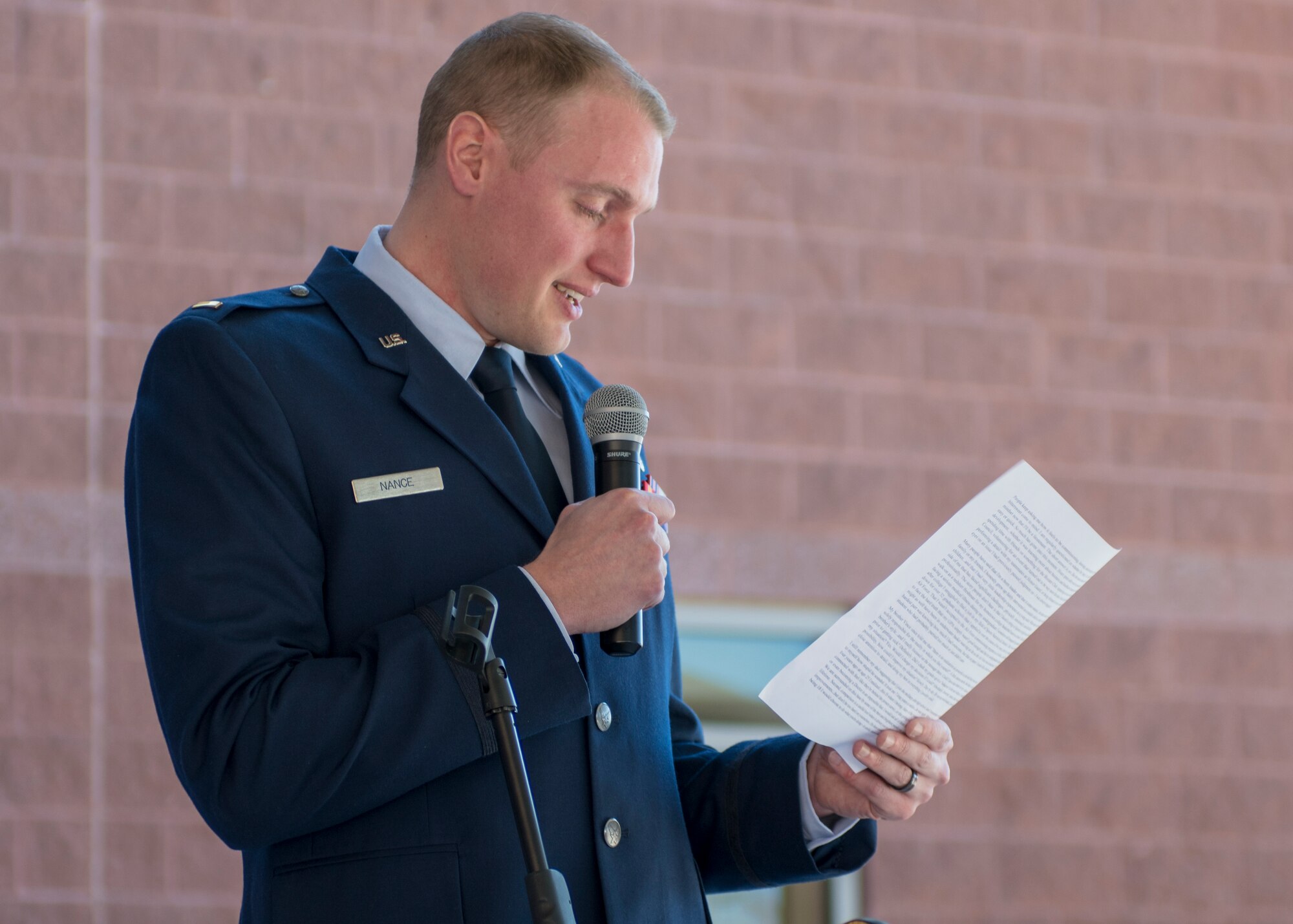 Staff Sgt. John-Paul Nance, 49th Medical Group Public Health technician, makes a speech, March 22, 2019, at his commissioning ceremony on Holloman Air Force Base, N.M. Nance's speech described the long journey that led him to his commissioning ceremony. (U.S. Air Force photo by Airman 1st Class Kindra Stewart)
