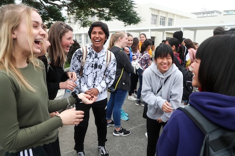 Students from Camp Lester Middle School interact with students from Chatan Junior High School at Chatan Castle on Camp Smedley D. Butler