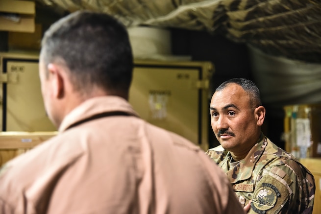 Master Sgt. Jason Martinez, assigned to the 727th Expeditionary Air Control Squadron, deployed from the Utah Air National Guard, provide UTANG leadership a tour of Al Dhafra Air Base, United Arab Emirates, Mar. 14, 2019. UTANG’s mission is to aggressively extend global reach through air refueling, aeromedical evacuation and airlift to U.S. and allied military forces; to enable critical intelligence systems, air traffic control, cyber infrastructure and information operations for the warfighter; and provide civil defense, disaster relief and domestic response to state and national emergencies as directed by the governor of Utah. (U.S. Air Force photo by Senior Airman Mya M. Crosby)