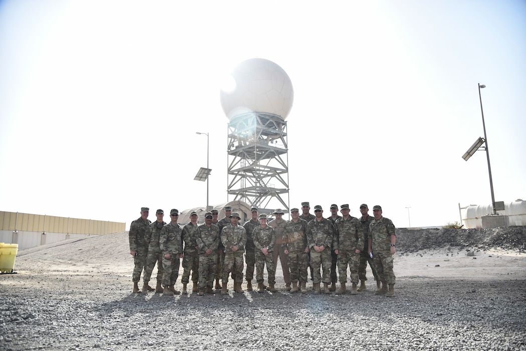 727th Expeditionary Air Control Squadron Airmen, deployed from the Utah Air National Guard, pose for a group photo with UTANG leadership at Al Dhafra Air Base, United Arab Emirates, Mar. 14, 2019. UTANG was founded on November 18, 1946, and consists of nearly 1,500 trained men and women who defend the United States of America. (U.S. Air Force photo by Senior Airman Mya M. Crosby)