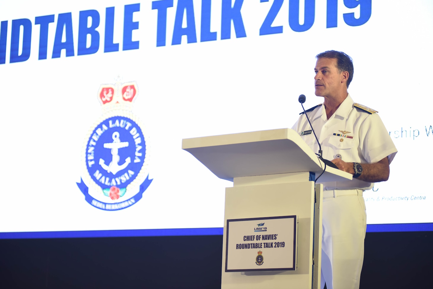 LANGKAWI, Malaysia (March 26, 2019)  Commander, U.S. Pacific Fleet, Adm. John Aquilino speaks to key naval and air leaders from around the Indo-Pacific during the Chief of Navies' Roundtable Talks at the 2019 Langkawi International Maritime and Aerospace (LIMA) Exhibition. Approximately 1,400 U.S. Navy and Air Force personnel participated in LIMA19. U.S. Navy aircraft on display included a P-8A Poseidon, EA-18G Growler, and MH-60R Seahawk. The 7th Fleet flagship, USS Blue Ridge (LCC 19), and destroyer, USS Preble (DDG 88), arrived Mar. 25.
